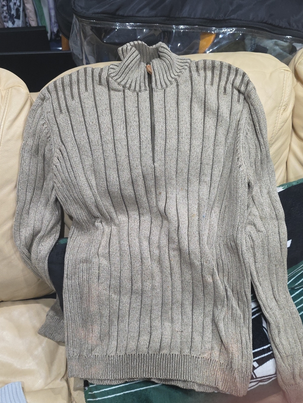 Calvin Klein Beige Ribbed Half-Zip Mock Neck Sweater